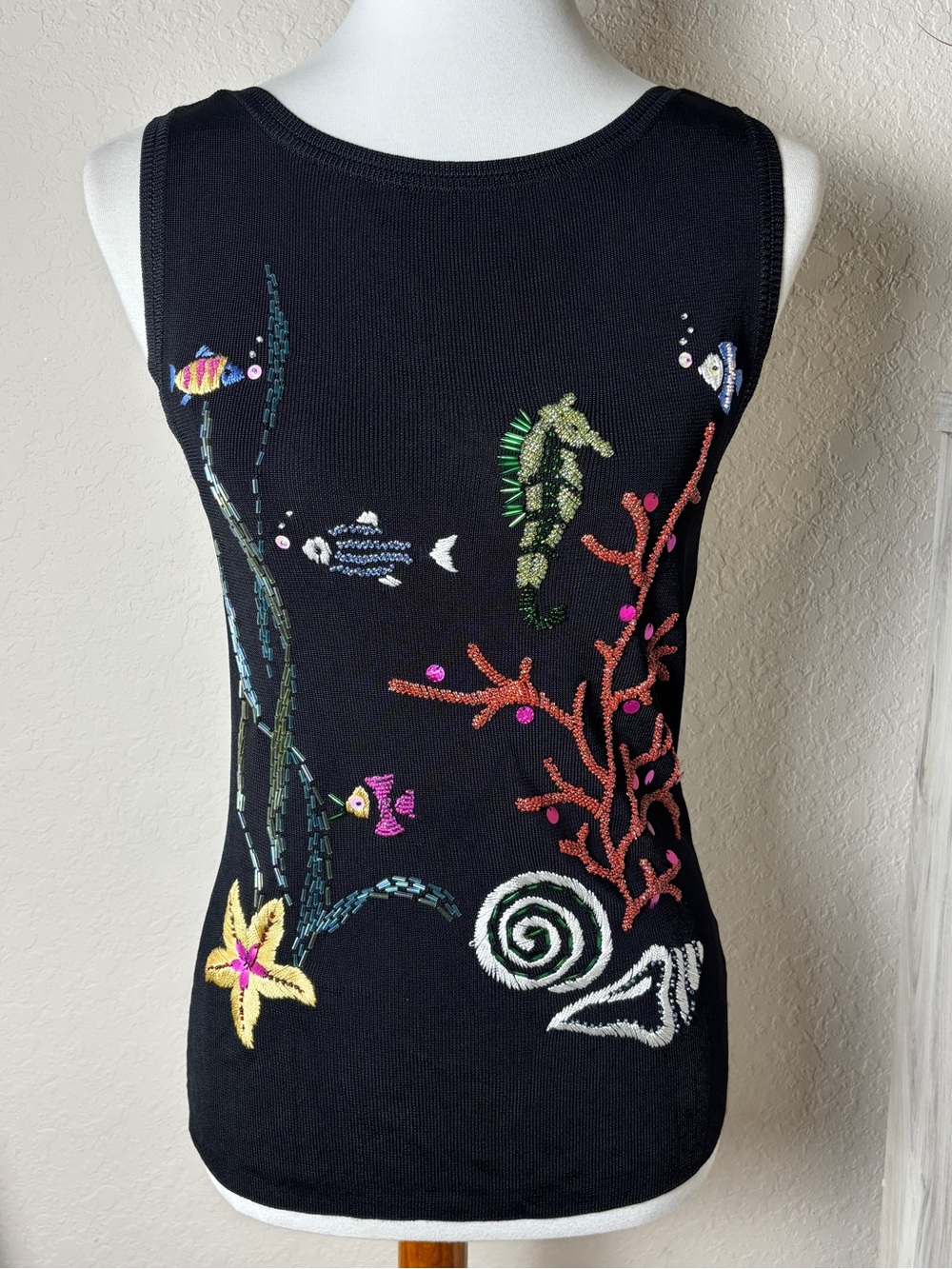 Sweaterworks VTG Black Knit Tank Top Whimsical Sea Life Embroidery Beading Small